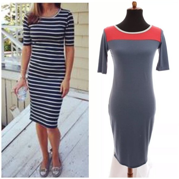 Lularoe Julia Dress Fitted Unicorn Stretch Color Block Print Blue Red Sz XS - Picture 3 of 12